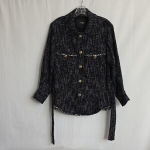 Maje Blue & White Lined Tweed Jacket Gold Tone Buttons, Fringe Accents. Size 36